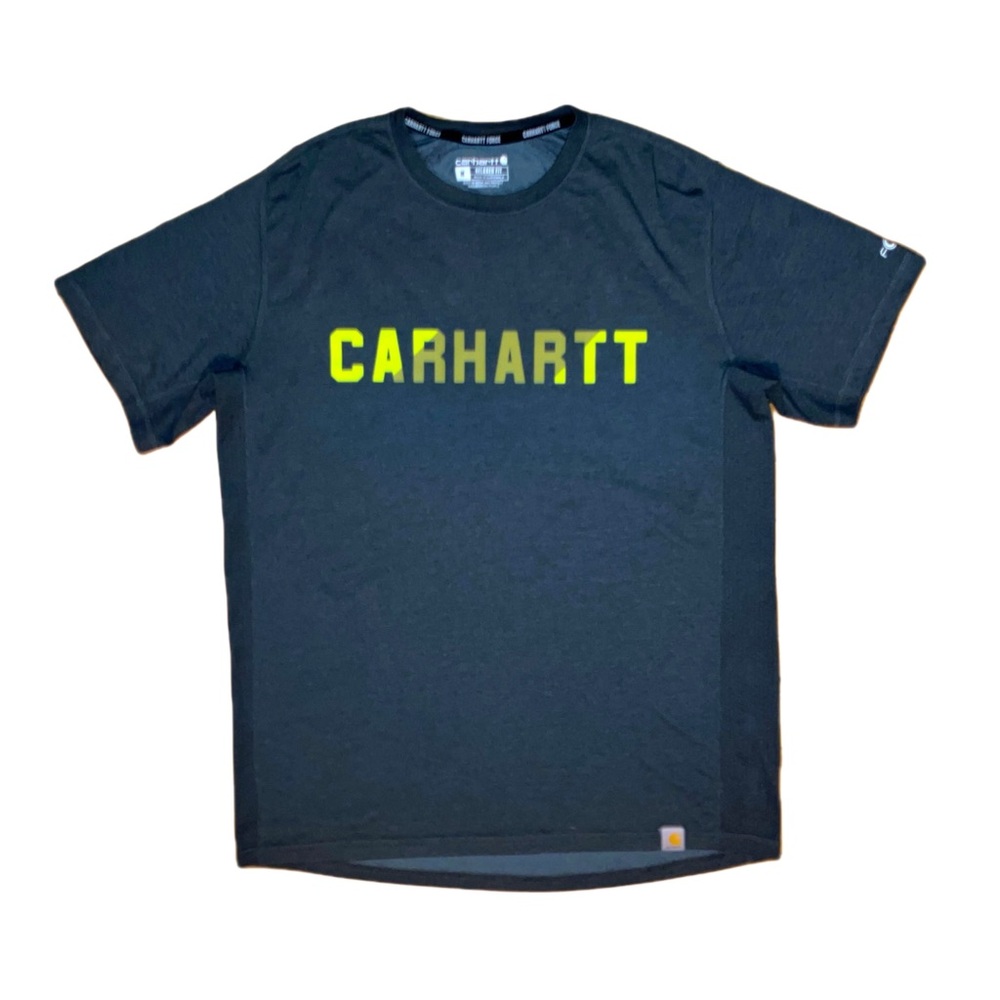 Men’s Carhartt charcoal grey and neon yellow t-shirt size medium, relaxed fit.